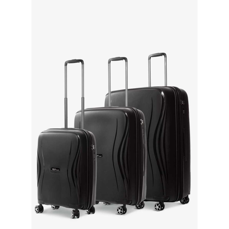 Set of 3 Suitcases V&V Travel Flash Light 8019 - 3 Piece Set - Black
