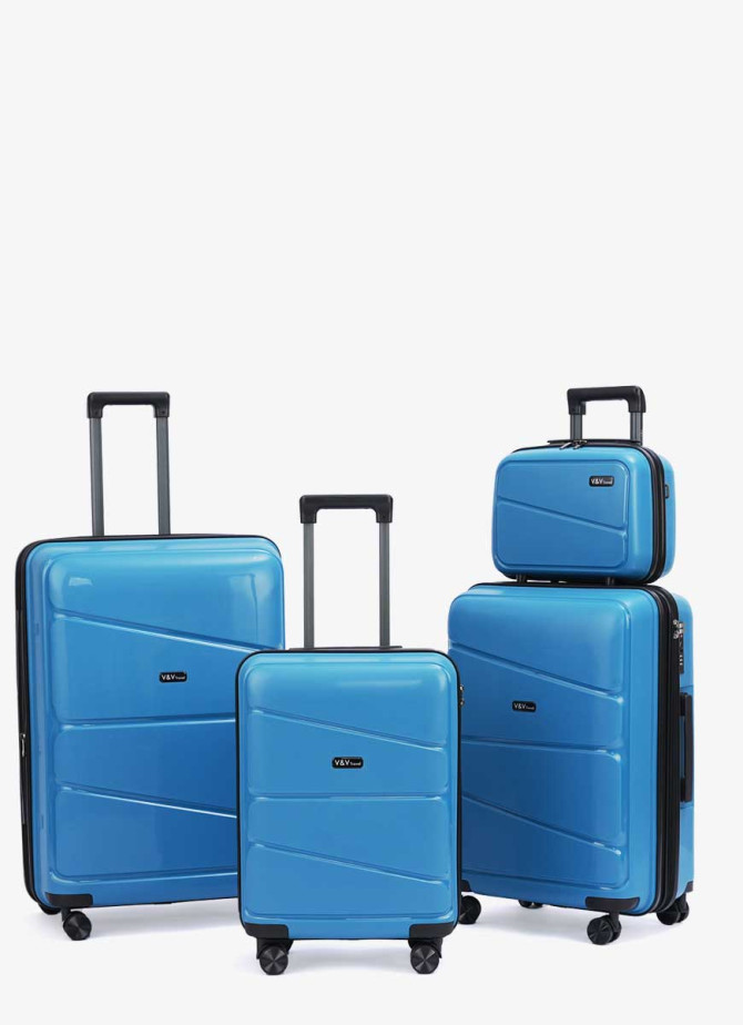 Set of 3 Suitcases and beauty case V&V Travel Peace 8011 - 4 Piece Set - Blue (8011-4-blue)